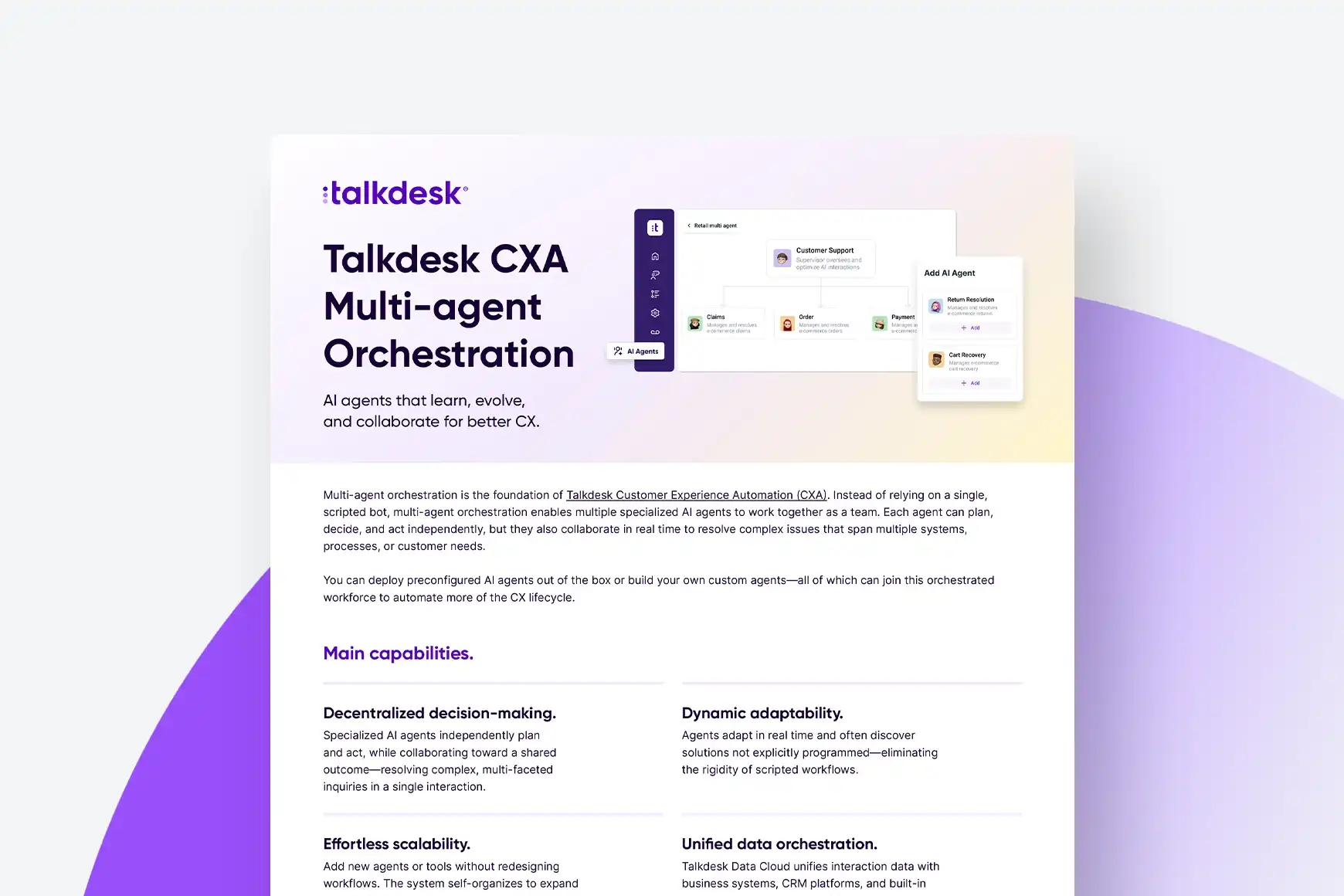 Orchestration multi-agents Talkdesk CXA